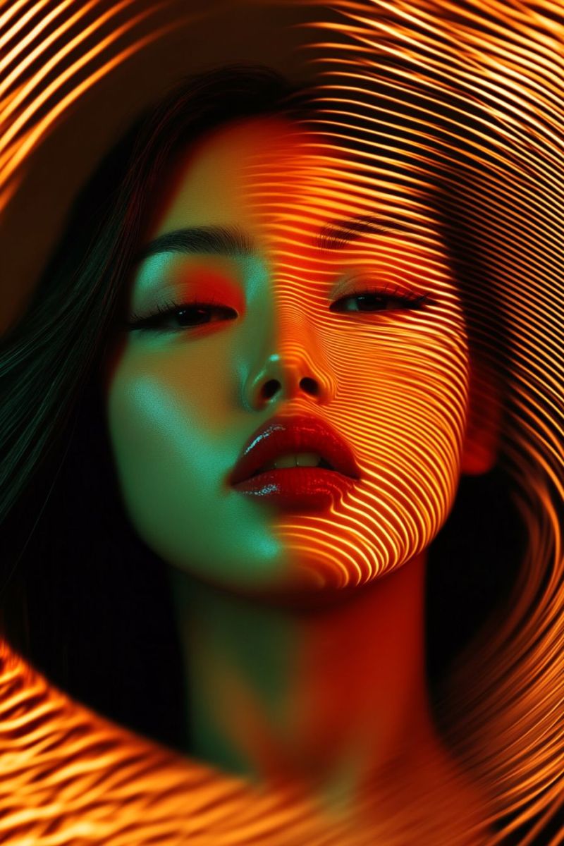 Woman beauty glow red green orange eye lips hair makeup fashion pattern A close-up portrait of a woman with her eyes closed, her face illuminated by a vibrant orange and green light. The light creates a dynamic, swirling pattern across her face, enhancing the contours and features. Her lips are painted a bold red, and her eyelashes are long and dark. Her hair, dark and flowing, frames her face, blending into the background. The overall effect is surreal and artistic, with the light adding a dramatic and otherworldly quality to the image.