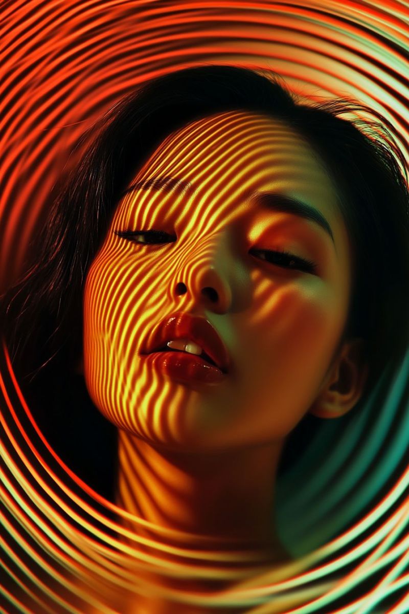 Woman beauty shadow pattern texture red yellow green hair eye lips smile fashion A close-up portrait of a woman with her eyes closed, her face illuminated by a series of wavy, striped patterns in red, orange, and yellow hues. Her lips are painted in a vibrant red, and her hair is styled in loose waves. The background is a swirling, abstract design that adds a dynamic and artistic touch to the image.