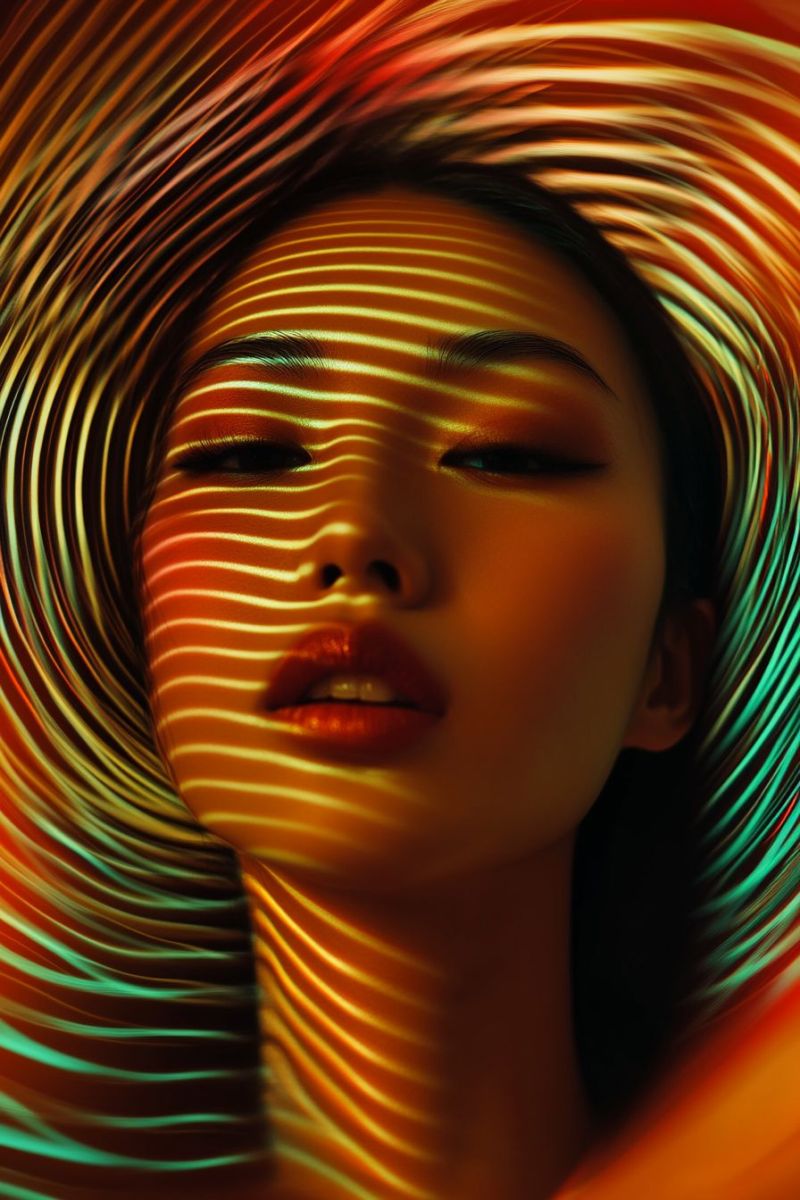 Woman beauty fashion colorful pattern shadow makeup eye lips hair creative design A close-up portrait of a woman with her eyes closed, wearing a wide-brimmed hat that has a swirling pattern of red, orange, and green colors. Her face is illuminated by a light source, creating a striped effect on her skin. She has red lipstick and is wearing makeup, with her lips slightly parted. The background is blurred, and the focus is on her face and hat.