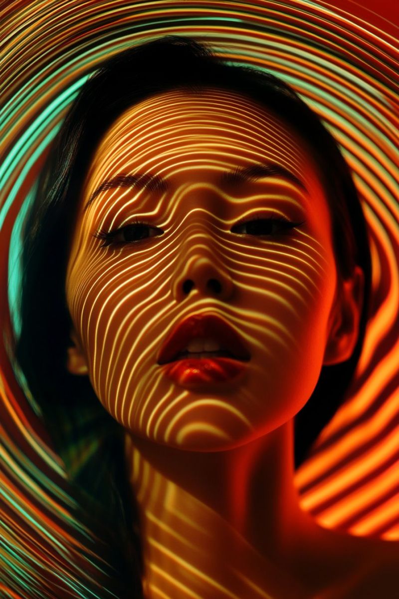 Woman pattern red orange lips eye eyebrow hair makeup beauty fashion A close-up portrait of a woman with her face illuminated by a series of wavy, glowing lines. The lines are in shades of orange, yellow, and green, creating a vibrant and dynamic effect. The woman's face is in shadow, with her eyes closed and her lips slightly parted. Her hair is dark and falls over her shoulders. The background is a swirling pattern of red and green lines, adding to the overall abstract and artistic feel of the image.
