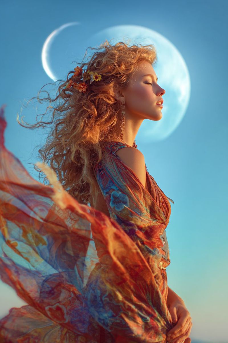 Femme robe lune ciel fleurs boucles oreilles collier bijoux beaute elegance nature inspiration creativite imagination Une femme aux cheveux blonds bouclés se tient devant une grande pleine lune éclatante. Elle porte une robe fluide aux multiples couleurs ornée de fleurs dans ses cheveux. La robe a un mélange de teintes orange, bleu et vert, et elle flotte dramatiquement autour d'elle. Les yeux de la femme sont fermés, et elle semble être dans une pose sereine et contemplative. Le ciel derrière elle est d'un bleu profond, et la lumière de la lune projette une douce lueur sur son visage et ses cheveux.
