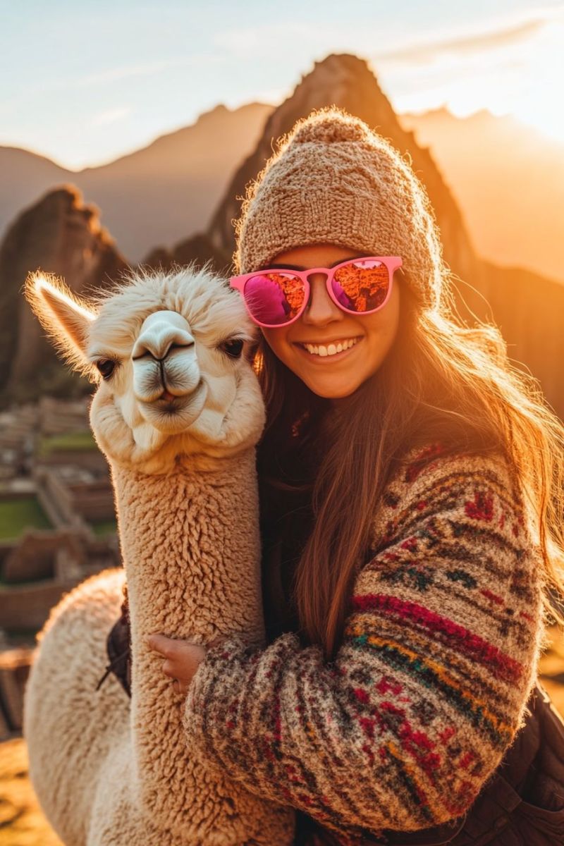 Lama girl sunset mountain llama hike traveler outdoor adventure nature vacation backpacker tourist smile joy happy beautiful daylight alpaca This is a color photograph featuring two main subjects. In the foreground, there is a woman standing on what appears to be a high-altitude plateau with a majestic mountain in the background. She is wearing sunglasses and a warm jacket. The woman is smiling at the camera and holding onto a light brown llama that has white facial markings. Both she and the llama are looking towards the camera, creating a heartwarming interaction between them. The backdrop showcases the stunning natural landscape of a cloudy sky and snow-capped mountains under what seems to be the golden hour lighting, which is soft and warm, suggesting either dawn or dusk. There are no visible texts on the image.