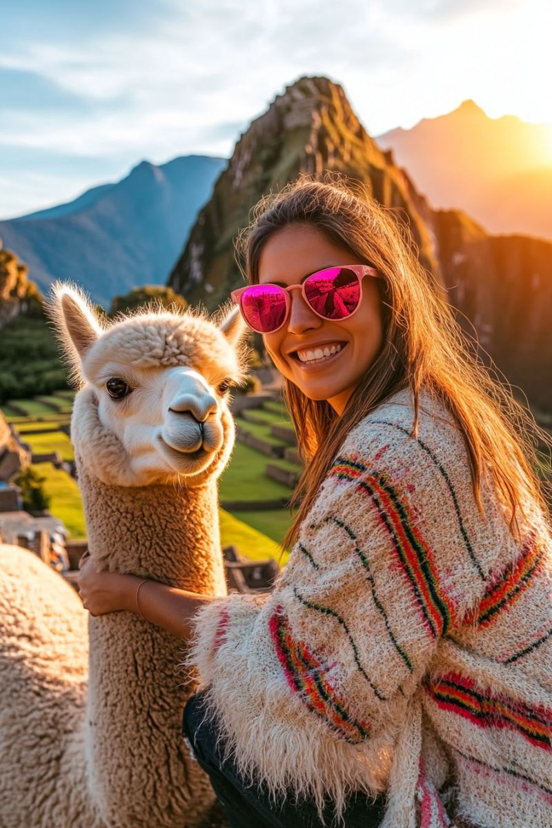 Alpaca lama machu picchu montagne sightseeing voyage ecoute aventure vacances nature coucher soleil hauteur animal tourisme culture destination selfie Une peinture paysagère dépeignant une scène du coucher du soleil. Le ciel présente des tonalités chaleureuses, passant de l'orange près du horizon à des tons plus sombres au fur et à mesure qu'il s'étend vers le haut. En dessous du ciel, la mer apparaît agitée avec des aiguissements blancs, indiquant des vents violents ou des vagues rugueuses. Un seul personnage est vu à l'horizon sur un planche à voile, glissant vers le horizon sous la douce lumière du coucher du soleil. La surface de la mer reflète les couleurs du ciel, renforçant la tranquillité et la beauté globales de la scène. Il n'y a aucune texte visible sur l'image pour fournir un contexte ou des informations supplémentaires.