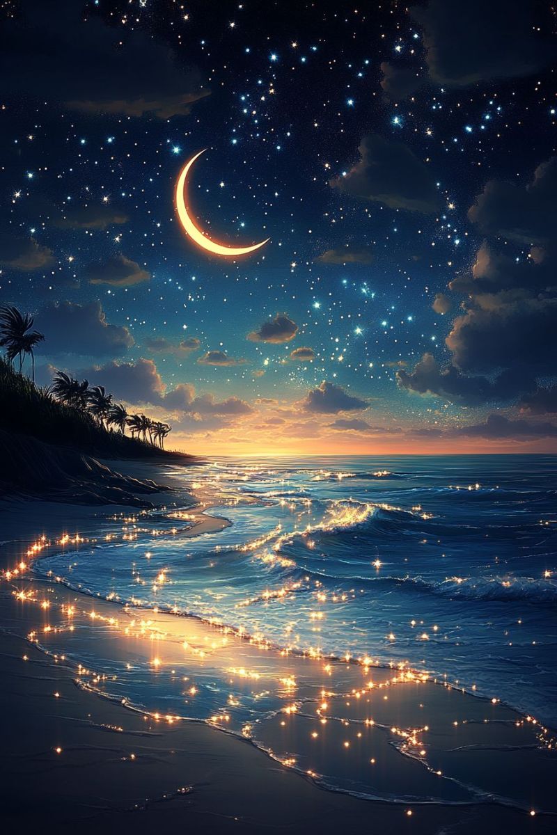 Nuit plage ocean lune ciel crepuscule horizon etoile stellaire galaxie constellation tranquillite serenite calme paisible reveur cotiere noctu Un morceau d'art vibrant et coloré. Une composition abstraite variée de formes, de shapes et de couleurs. Circles, carrés et lignes créent un jeu dynamique des éléments. Parmi ces formes, des objets plus petits, reconnaissables comme des planètes et des voitures, se fondent dans les formes plus abstraites plus grandes. La palette est riche et variée, avec des couleurs lumineuses dominantes sur la scène. Dans le premier plan, plusieurs éléments circulaires petits qui ressemblent aux planètes ou à la lune, chacun avec une couleur et un texture différents, donnent un sens de profondeur et de dimension à l'œuvre d'art. Entre ces éléments plus petits, des formes géométriques plus grandes en couleurs vives se mélangent pour former un réseau complexe sur le tableau. Le fond est plus sombre que les autres parties de l'image, ce qui permet aux éléments plus lumineux de se détacher. Il est difficile de discerner des objets ou des détails spécifiques en raison de la nature abstraite de l'œuvre d'art. Le style de la peinture suggère une approche moderne ou contemporaine de l'art, caractérisée par son utilisation de couleurs, de formes et de composition pour créer un morceau visuellement engageant.