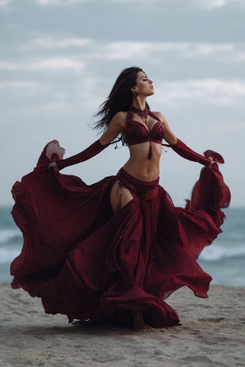 Femme plage robe rouge sable mer sexy Une femme se tient sur une plage de sable, son corps légèrement incliné vers la gauche. Elle porte un costume rouge profond et fluide qui comprend une jupe de danse du ventre et un soutien-gorge assorti avec de longues manches fluides. Ses cheveux cascadent le long de son dos, et elle regarde vers le haut les yeux fermés, semblant être dans un moment de contemplation ou de performance. Le ciel au-dessus est partiellement nuageux, avec une lumière filtrant à travers. L'océan est visible en arrière-plan, avec de douces vagues léchant le rivage.