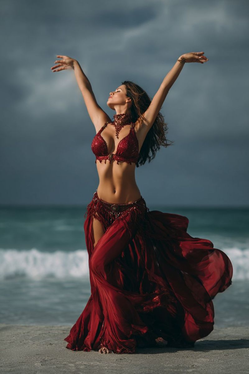 Woman beach dance costume outfit performance stretch stretching belly arms legs exercise routine workout fitness flexibility technique A woman is standing on a beach, her arms raised in the air, and her body slightly bent backward. She is wearing a red bikini top with intricate designs and a matching red skirt with fringes. Her hair is flowing freely, and she has a bracelet on her left wrist. The beach has a cloudy sky in the background, and the waves are gently hitting the shore.