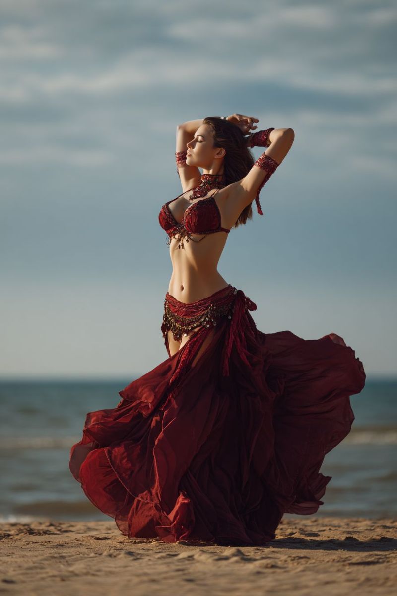Femme plage costume bijoux sable mer ciel nuages tenue performance culture tradition ventre rouge robe Une femme se tient sur une plage de sable, son corps légèrement tourné de côté, et ses mains sur sa tête. Elle est vêtue d'un costume de danse du ventre rouge, comprenant un soutien-gorge rouge et une jupe rouge avec des ornements dorés. La jupe est fluide et semble flotter dans le vent. L'arrière-plan montre un ciel nuageux et l'océan, avec les vagues léchant doucement le rivage. La posture et la tenue de la femme suggèrent qu'elle pose pour une photographie ou qu'elle exécute une danse.