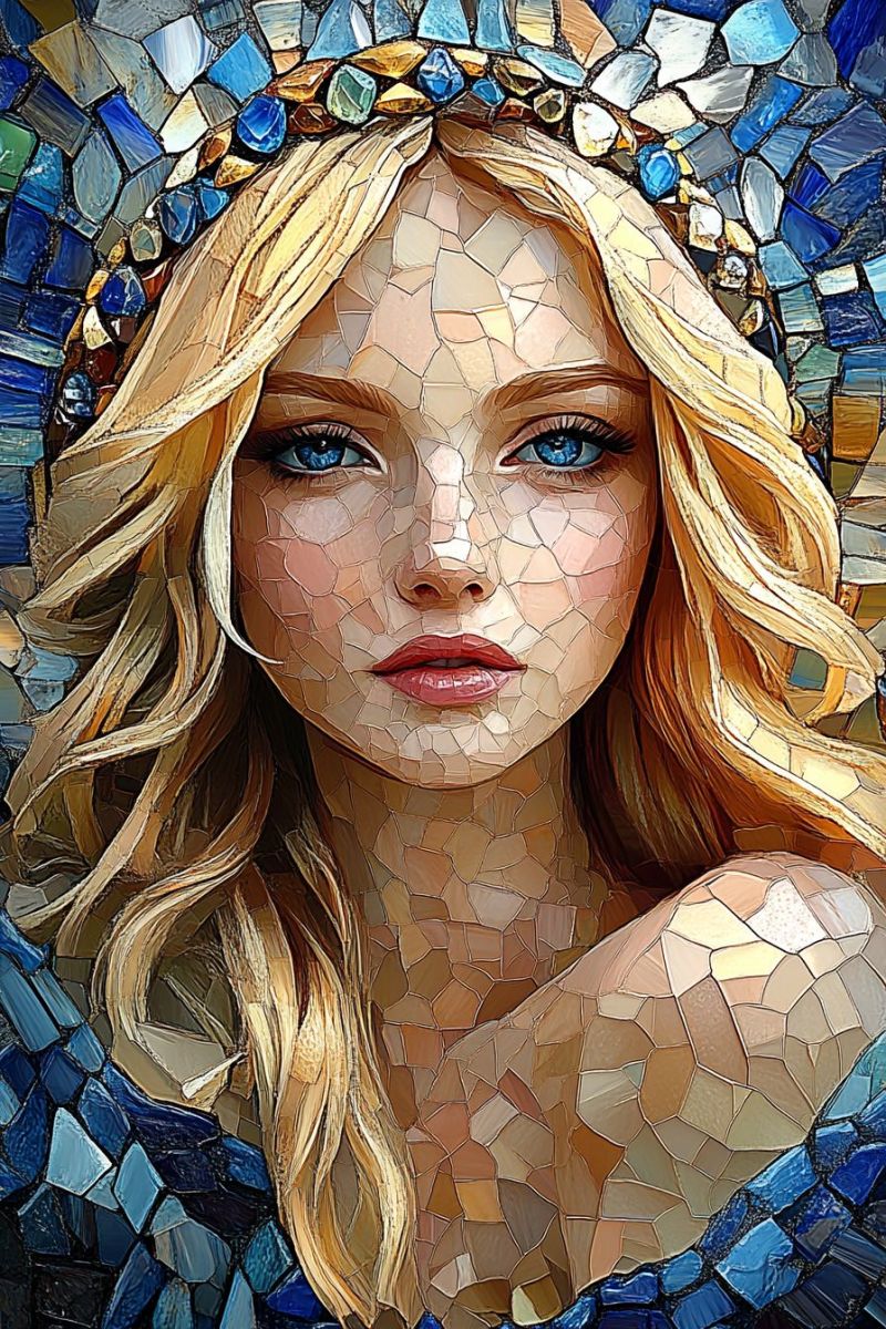 Beauty woman hair eye mosaic crown jewel gem stone pattern texture fashion design A mosaic artwork depicts a woman with blonde hair styled in loose waves. Her face is composed of small, colorful tiles, giving her a mosaic-like appearance. She wears a crown adorned with blue and green gemstones. Her eyes are blue, and she has a slight smile. The background behind her is a vibrant mosaic of blue, green, and brown tiles.