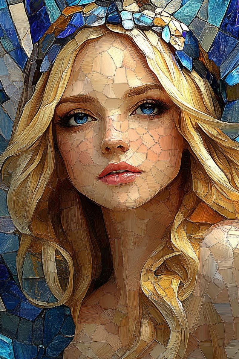 Beauty woman hair head hairstyle woman with long, wavy blonde hair styled in a loose, flowing manner. Her face is composed of a mosaic of small, colorful tiles, creating a unique and artistic effect. The tiles are predominantly blue, brown, and gold, giving her a mosaic-like appearance. She wears a headpiece adorned with blue and gold tiles, adding to the mosaic theme. Her eyes are a striking blue, and her lips are painted in a soft pink shade. The background behind her is also made up of similar mosaic tiles, enhancing the overall artistic and intricate design of the image.