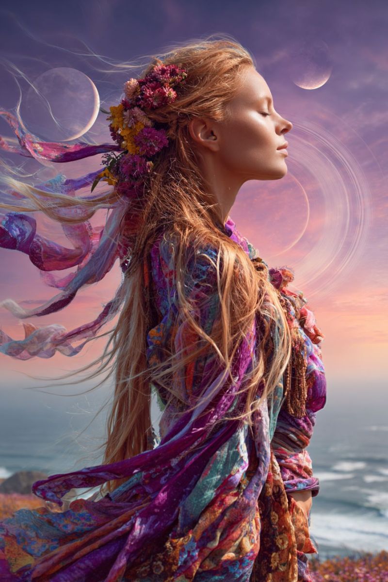 Femme robe fleurs fantaisie beaute elegante coiffure bandeau floral soiree luxe Une femme aux longs cheveux blonds ondulés se tient sur une falaise surplombant l'océan. Elle porte une robe fluide aux multiples couleurs ornée de divers tissus et rubans. Ses cheveux sont décorés d'une couronne de fleurs colorées, et sa robe a un style bohème et éclectique. Elle regarde vers le haut, les yeux fermés, comme en profonde réflexion ou méditation. Le ciel derrière elle est un dégradé de violet et de rose, avec deux grandes lunes lumineuses au loin, l'une pleine et l'autre en croissant. L'océan en contrebas est calme, avec de douces vagues léchant le rivage.