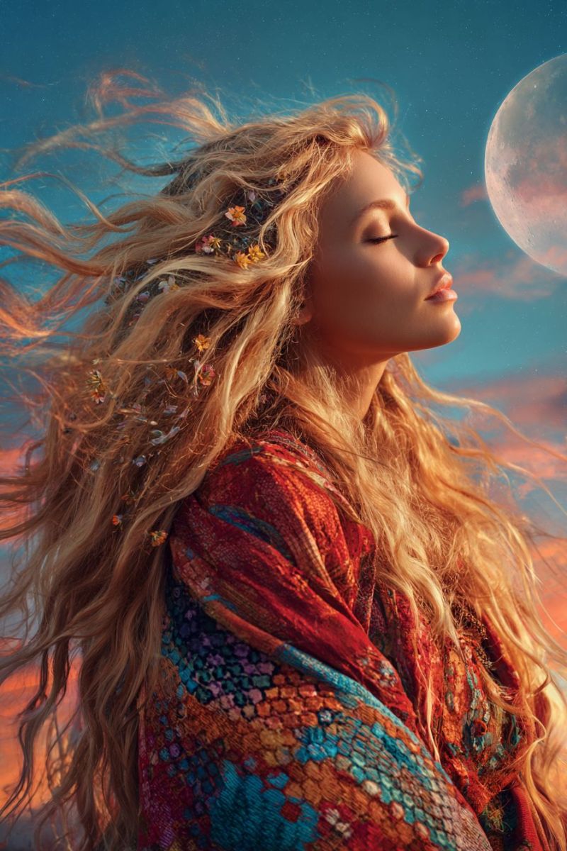 Femme lune ciel nuit fleurs floraison Une femme aux longs cheveux blonds ondulés ornés de petites fleurs se tient devant un fond de ciel bleu et une grande pleine lune qui brille. Elle porte un châle coloré et à motifs qui drape sur ses épaules et descend dans son dos. Ses yeux sont fermés et elle semble regarder vers la lune, exsudant une aura sereine et mystique. Le ciel derrière elle est un mélange de bleu avec des touches d'orange et de rose, suggérant soit l'aube soit le crépuscule.