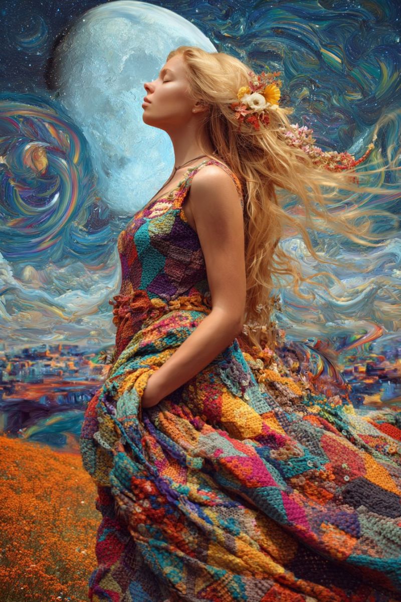 Woman dress blond flowers moon night sky stars painting fantasy dream imagination colorful beauty inspiration creativity A woman with long blonde hair stands in a field of orange flowers, her eyes closed as if in deep thought or meditation. She wears a flowing, multicolored dress made of crocheted fabric, adorned with various flowers in her hair. The background features a vibrant, abstract painting with swirling colors and a large, glowing moon. The sky is filled with stars, and the overall scene has a dreamlike, surreal quality.