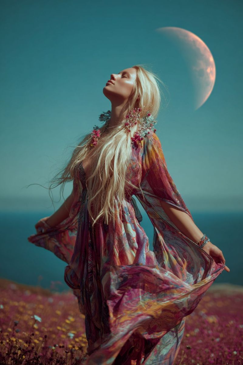 Femme robe blonde lune ciel champ fleur nature beaute air soiree reveur Une femme aux longs cheveux blonds se tient dans un champ de fleurs roses vibrantes, les yeux fermés et la tête inclinée vers le haut. Elle porte une robe fluide et colorée ornée d'accessoires floraux, y compris des fleurs dans ses cheveux. Le ciel au-dessus est d'un bleu clair, avec une grande lune lumineuse partiellement visible. La scène se déroule sur fond d'un océan serein, créant une atmosphère mystique et éthérée.
