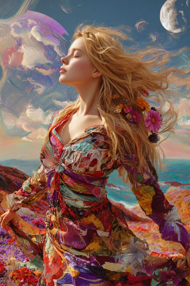 Woman dress flowers moon sky painting fantasy imagination dream inspiration beauty elegance fashion colorful surrealism A woman with long, flowing blonde hair stands in a field of vibrant flowers under a clear blue sky. She wears a colorful, flowing dress adorned with various floral patterns and has flowers in her hair. Her eyes are closed, and she appears to be gazing upward, possibly at the moon, which is visible in the sky. The background features a surreal, abstract painting of a fish and a moon, adding a dreamlike quality to the scene.