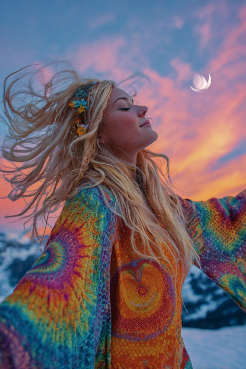 Femme ciel coucher soleil lune nuages fleurs robe coeur nature montagnes neige vent liberte meditation spiritualite Une femme aux longs cheveux blonds se tient dans un paysage enneigé, ses cheveux flottant au vent. Elle porte une robe tie-dye vibrante avec un motif de coeur sur le devant, et ses yeux sont fermés alors qu'elle regarde le ciel. Le ciel est un mélange de teintes bleues et roses, avec une lune croissante visible. L'arrière-plan montre une montagne enneigée avec des arbres, et la scène dans son ensemble a une qualité onirique et éthérée