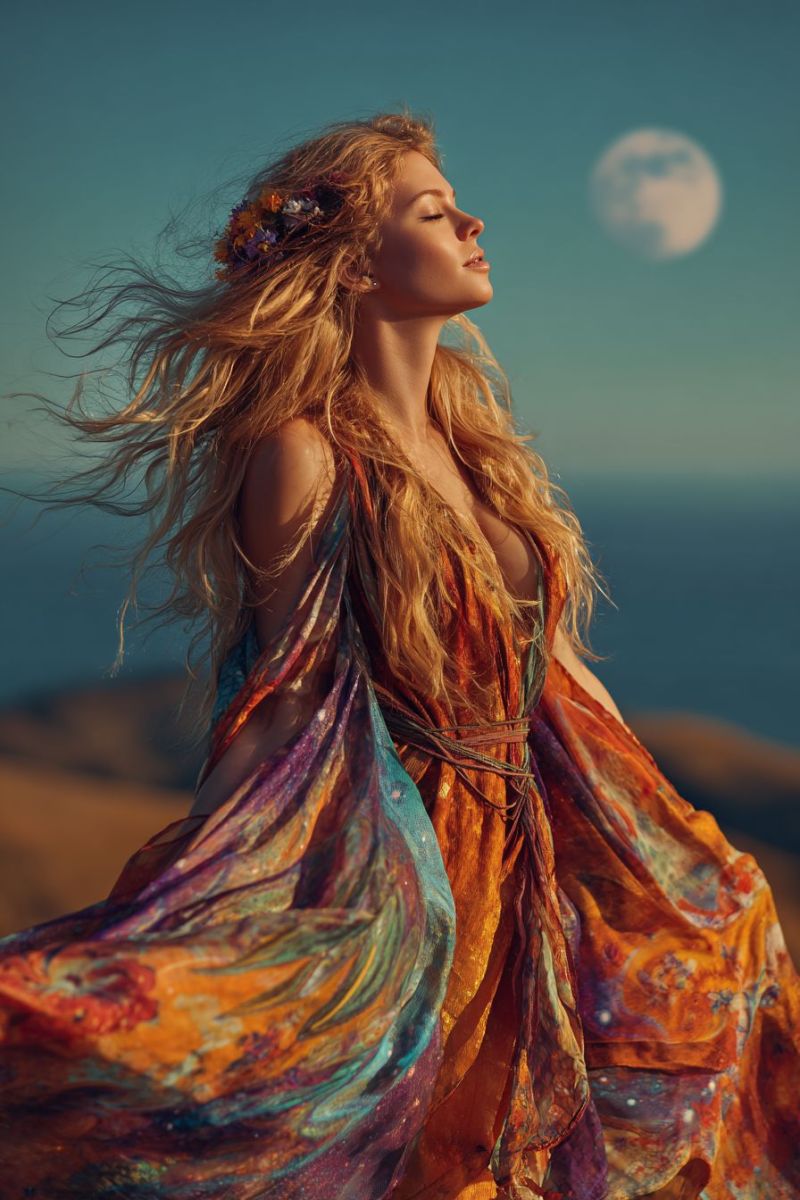 Woman dress moon sky flowers wind nature beauty fashion evening dreamy inspiration elegance freedom meditation A woman with long, wavy blonde hair stands on a hill, her hair blowing in the wind. She wears a flowing, multicolored dress adorned with intricate patterns, and a floral crown on her head. She gazes upward, seemingly lost in thought, with her eyes closed. The sky behind her is a deep blue, and a full moon is visible, casting a soft glow. In the distance, the ocean stretches out, and the horizon is a mix of orange and blue hues.