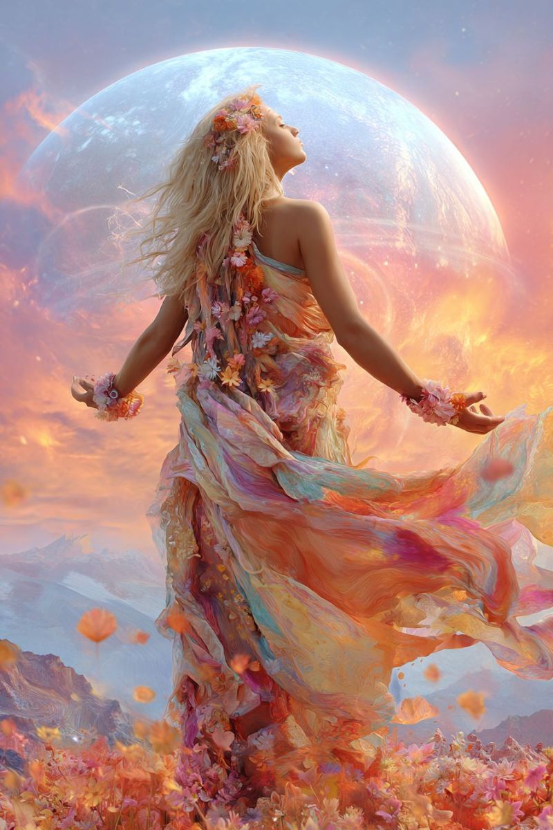 Woman dress flowers mountain sky sunset moon fantasy painting colorful shadow nature beauty inspiration A woman with long blonde hair stands in a field of vibrant flowers, her arms outstretched as if she is dancing. She wears a flowing dress adorned with flowers, and her hair is decorated with more flowers. She gazes upward, seemingly in awe of the large, glowing planet behind her. The sky is a mix of orange and pink hues, with the planet's light casting a warm glow on the scene. The background features mountains and a serene, otherworldly atmosphere.