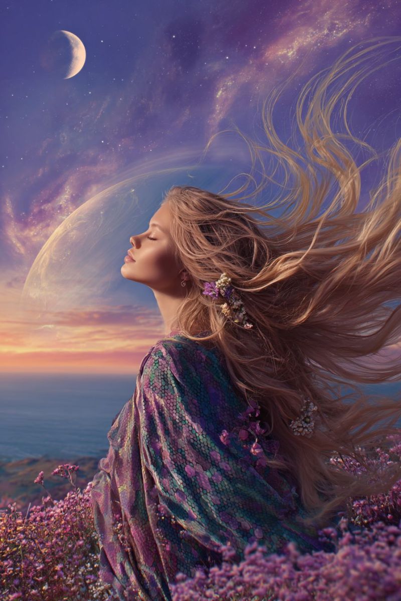Femme ciel nuit lune fleurs robe coiffure souffle vent Une femme aux longs cheveux blonds ondulés se tient dans un champ de fleurs violettes, ses cheveux flottant au vent. Elle porte une robe colorée et fluide avec un motif qui ressemble à un filet à mailles. Elle regarde le ciel, qui présente un croissant de lune et une galaxie avec des étoiles. Le ciel est d'un bleu profond avec des touches de violet et de rose, suggérant l'aube ou le crépuscule. En arrière-plan, on distingue la silhouette d'une planète et d'une mer, ajoutant à l'atmosphère sereine et mystique de la scène.