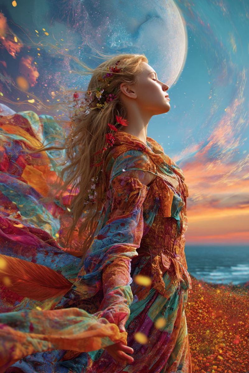 Woman dress flowers moon sky sunset ocean beach nature fantasy painting colorful dreamlike surreal A woman with long blonde hair stands in a field of flowers, her dress flowing in the wind. She wears a floral crown and looks up at a large, glowing moon in the sky. The sky is a mix of blue and orange hues, with the sun setting in the distance. The background features a serene ocean and a vibrant sunset.