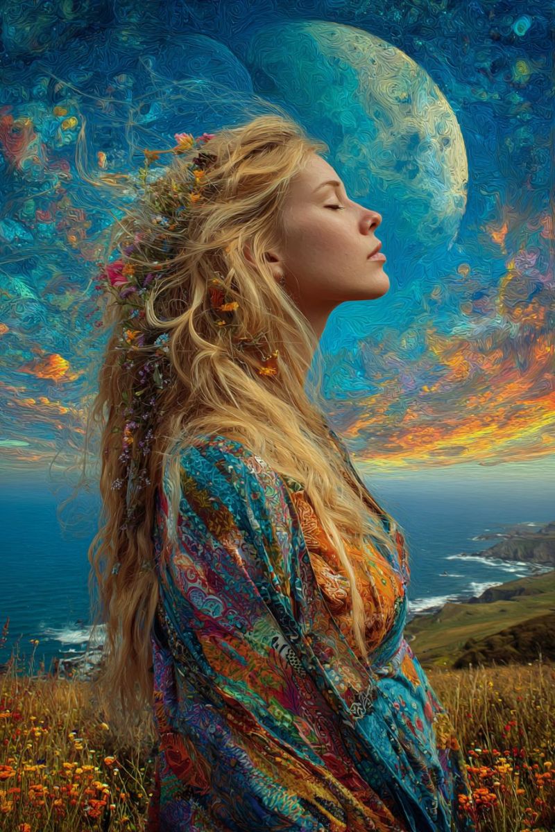 Femme fantaisie imagination reve inspiration beaute nature fleurs coiffure Une femme aux longs cheveux blonds se tient dans un champ de fleurs sauvages, les yeux fermés et la tête inclinée vers le haut. Elle porte une robe colorée et fluide ornée de motifs complexes. Ses cheveux sont décorés de petites fleurs, ajoutant une touche naturelle à son apparence. Derrière elle, le ciel est un mélange vibrant de bleus, d'oranges et de jaunes, avec une grande lune lumineuse au loin. L'océan s'étend en contrebas, avec des vagues qui se brisent doucement contre le rivage. La scène générale est rêveuse et éthérée, avec un sentiment de tranquillité et d'émerveillement.