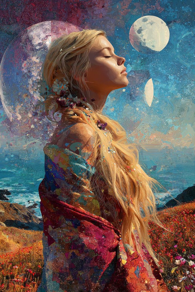 Femme fantaisie nature fleurs lune ocean ciel nuages onirique surrealisme imagination beaute Une femme aux longs cheveux blonds se tient dans un champ de fleurs, les yeux fermés et la tête inclinée vers le haut. Elle porte une robe colorée et à motifs qui flotte autour d'elle. Derrière elle, le ciel est un mélange vibrant de bleus, rouges et violets, avec deux grandes lunes lumineuses. Une lune est pleine et l'autre est en croissant. L'arrière-plan présente un océan serein et une côte rocheuse, se fondant dans le ciel mystique.