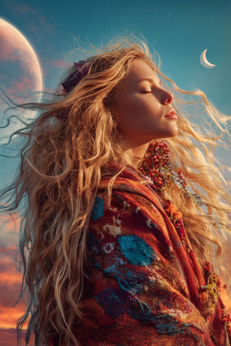 Woman sky moon night clouds sunset flowers clothing dreamy fantasy beauty inspiration elegance mystical cosmic outer space A woman with long, wavy blonde hair stands against a back of a sunset sky. She wears a colorful, intricately patterned shawl draped over her shoulders. Her hair is adorned with small, red flowers and a purple ribbon. She gazes upward, her eyes closed, as if in contemplation or prayer. The sky behind her features a large, glowing full moon and a crescent moon, both casting a soft light. The colors in the sky range from deep oranges and pinks near the horizon to a lighter blue higher up.
