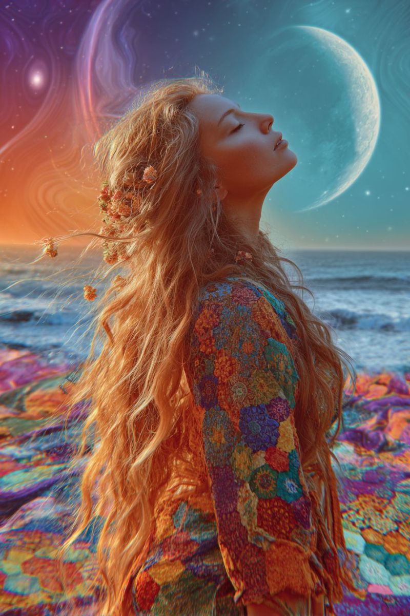 Femme visage coiffure texture longueur Une femme aux longs cheveux blonds ondulés se tient sur une plage, levant les yeux vers le ciel. Elle porte une robe colorée et à motifs ornée de fleurs dans ses cheveux. Le ciel est un mélange de teintes orange et bleues, avec une grande lune lumineuse et des étoiles. L'océan est calme, reflétant les couleurs du ciel. L'arrière-plan présente une galaxie tourbillonnante aux couleurs vibrantes.