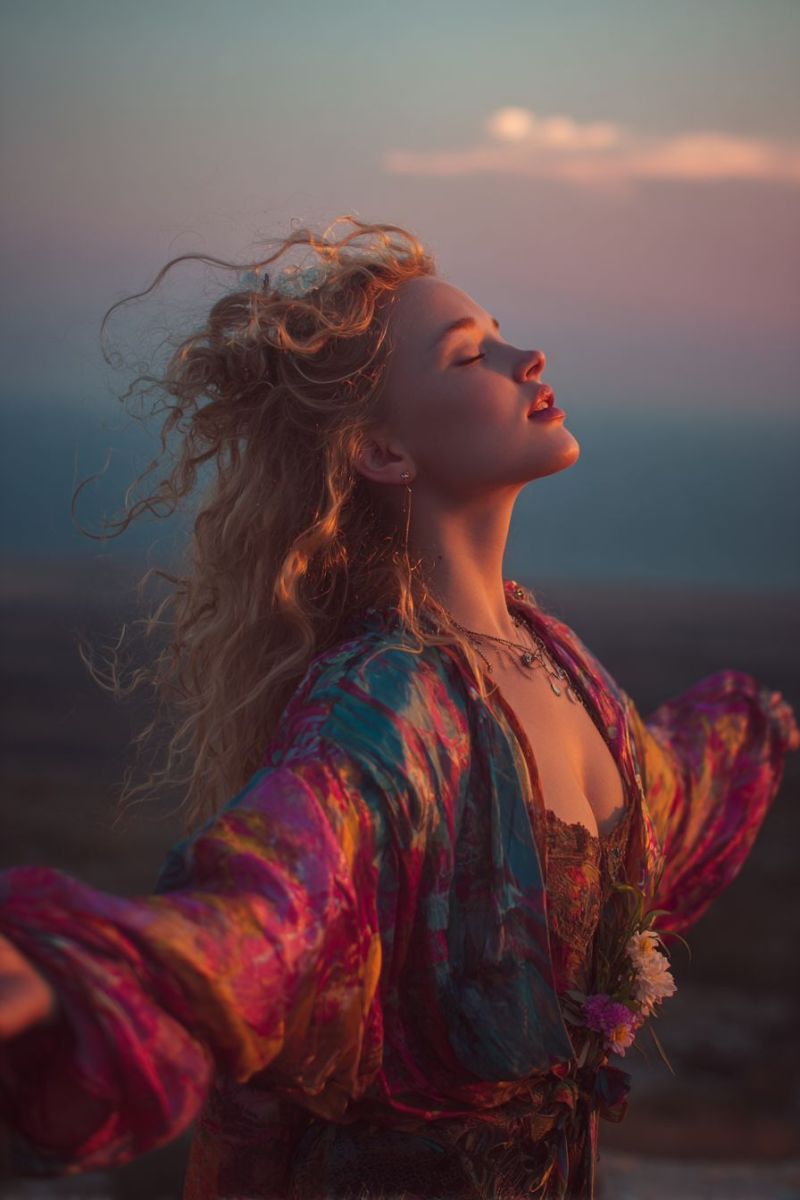 Woman dress blouse necklace earring flower sky sunset mountain sea cloud sun shadow wind freedom emotion A woman with long, curly blonde hair stands with her arms outstretched, her face turned upward as if in awe. She wears a colorful, flowing dress adorned with a floral design on the right side. Her hair is slightly disheveled, and she has a serene expression with her eyes closed. The background features a soft, warm sunset sky with gentle hues of pink and orange, creating a dreamy and tranquil atmosphere.
