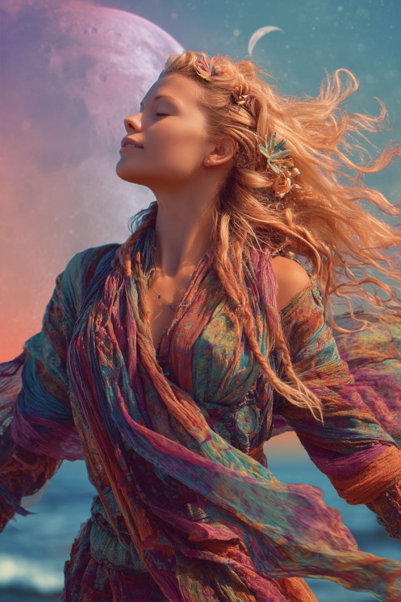 Woman dress moon sky fantasy girl A woman with long, wavy blonde hair stands on a beach, her eyes closed and her head tilted upward. She wears a flowing, multicolored dress adorned with intricate patterns, and a scarf drapes over her shoulders. Her hair is adorned with small flowers and leaves, adding a natural touch. Behind her, the sky is a blend of blue and pink hues, with a large, glowing moon and a crescent moon in the distance, creating a magical and serene atmosphere.