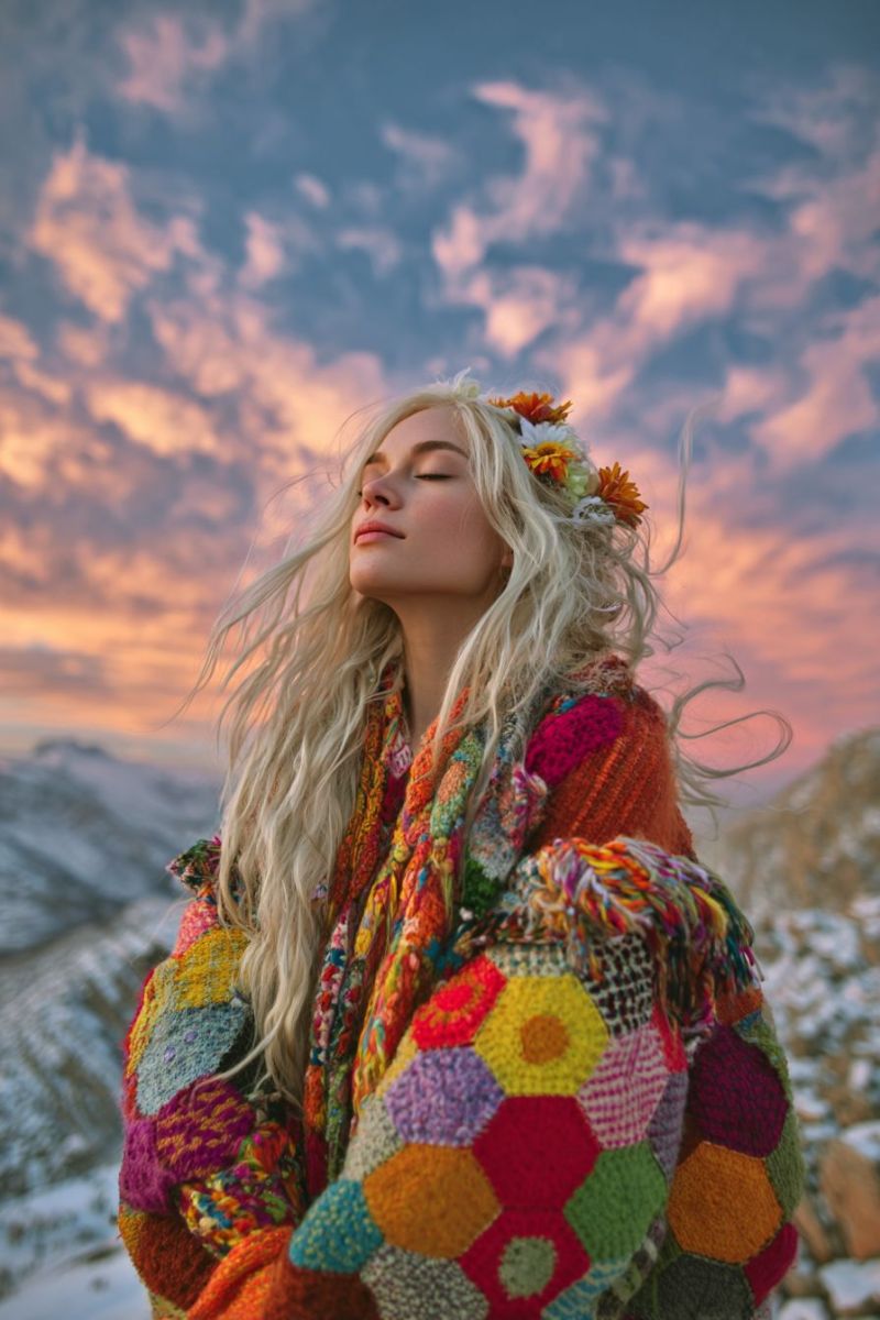 Woman mountain sky sunset clothing flower nature outdoors fashion beauty colorful travel adventure inspiration A woman with long, wavy blonde hair stands on a snowy mountain peak, gazing upward with her eyes closed. She wears a vibrant, multicolored knitted shawl adorned with a flower crown, featuring a mix of orange, yellow, and white flowers. The sky behind her is a blend of blue and pink hues, suggesting either dawn or dusk. The mountain range is covered in snow, and the ground is rocky.