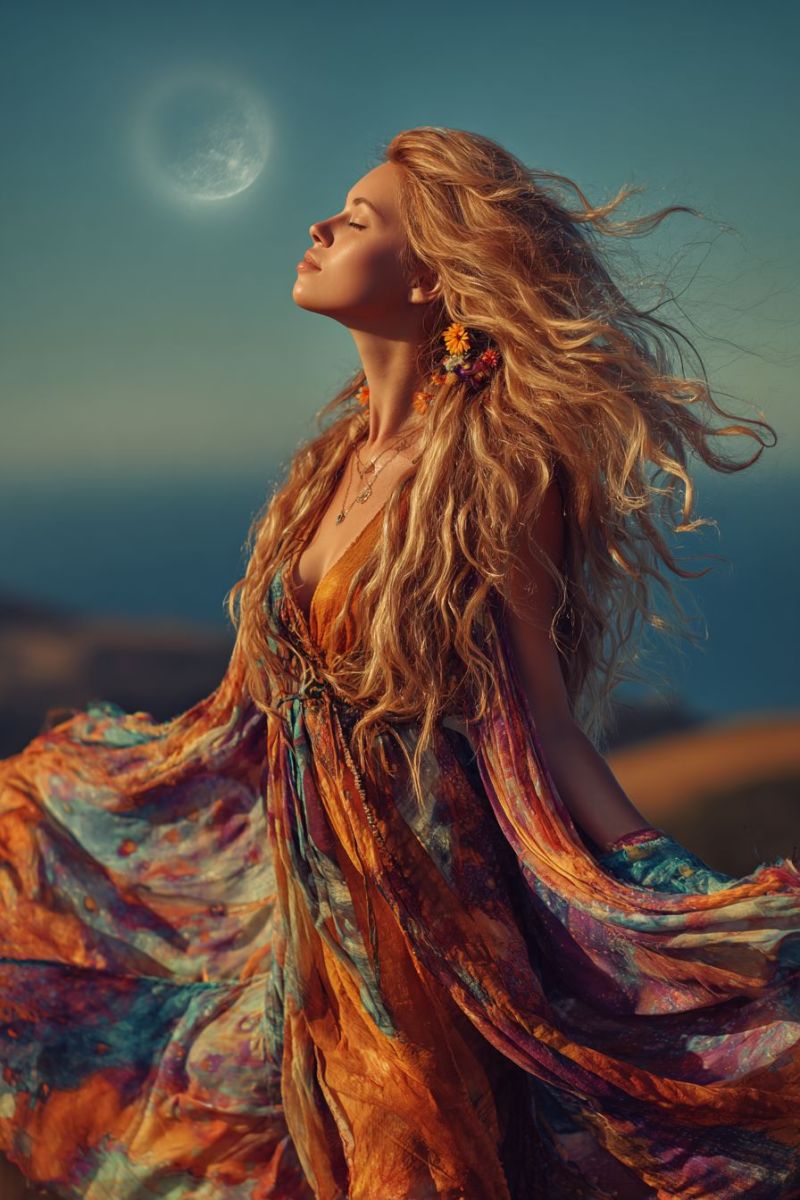 Femme robe lune ciel fleur floraison boucle oreille collier bijou beaute nature soiree coucher soleil Une femme aux longs cheveux blonds ondulés se tient sur une colline, les yeux fermés et la tête inclinée vers le haut. Elle porte une robe fluide aux multiples couleurs ornée d'un collier et de boucles d'oreilles fleuries. La robe flotte dans le vent, et elle semble contempler la lune, visible dans le ciel. L'arrière-plan montre un océan serein et un ciel bleu clair.