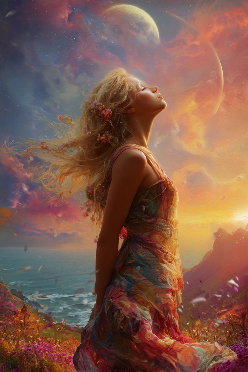 Femme robe ciel fleur coiffures Une femme aux longs cheveux blonds ondulant au vent se tient sur une falaise surplombant l'océan. Elle porte une robe colorée et fluide ornée de fleurs et de feuilles. Ses cheveux flottent dans le vent, et elle lève les yeux vers le ciel, qui présente un coucher de soleil vibrant aux teintes d'orange, de rose et de bleu. En arrière-plan, il y a deux corps célestes : une grande planète et un croissant de lune. L'océan en contrebas est calme, et la falaise est entourée de fleurs sauvages.