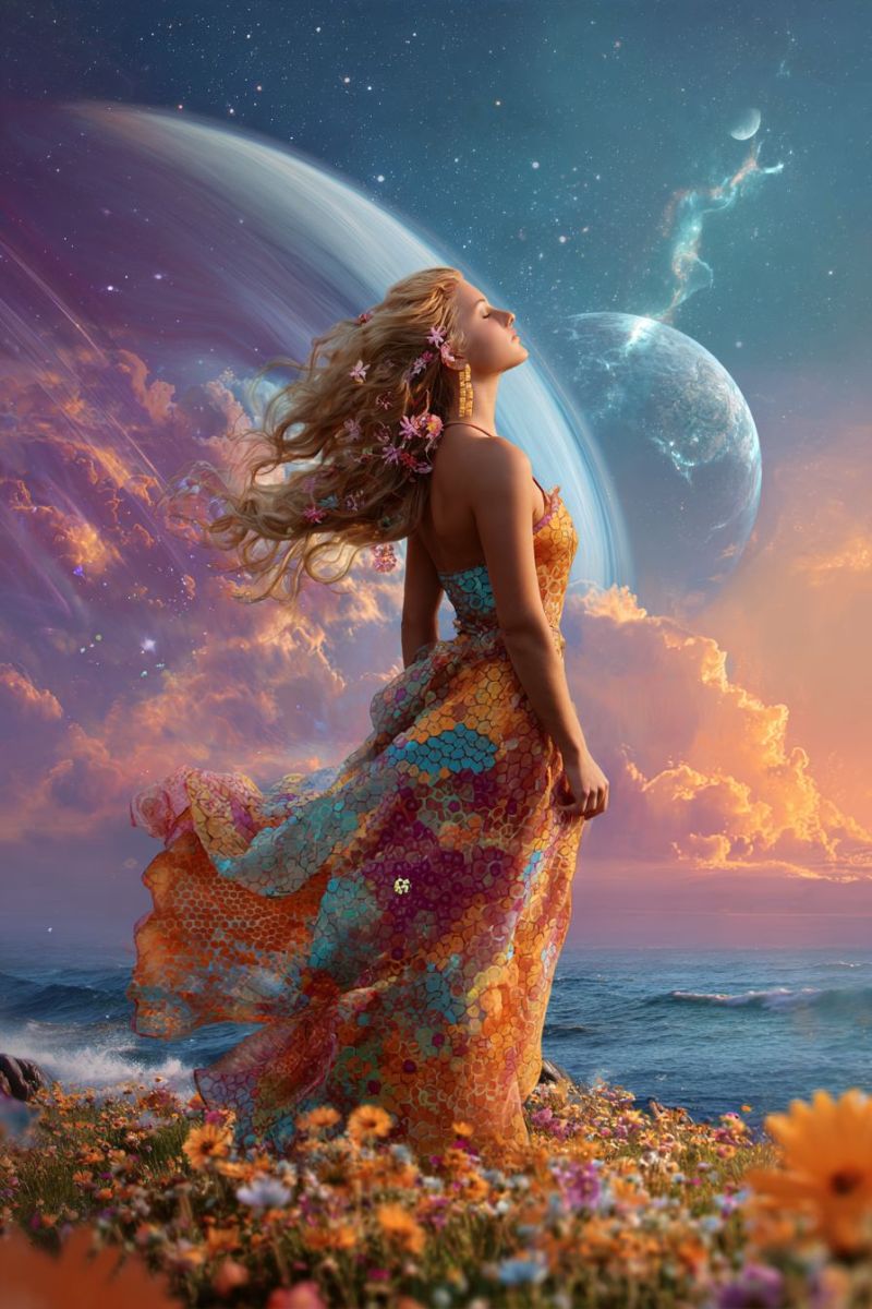 Woman dress flowers sky planet clouds ocean stars moon fantasy space universe cosmic celestial dreamy A woman with long, wavy blonde hair adorned with small flowers stands on a grassy field, gazing upward. She wears a flowing, multicolored dress with a geometric pattern. The sky behind her is a blend of blue and purple hues, dotted with stars and a crescent moon. In the background, there are two large celestial bodies: a planet with a ring system and another planet with a visible atmosphere. The scene is set against a back of a serene ocean with gentle waves.