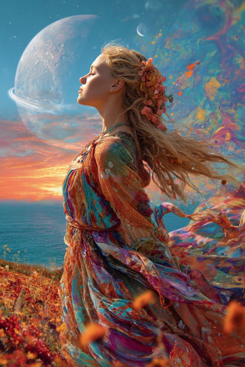 Woman dress flowers sky sunset ocean planet moon stars fantasy painting colorful dreamlike surreal inspiration beauty imagination A woman with long blonde hair stands in a field of vibrant flowers, her dress flowing in the breeze. She gazes upward, her eyes closed, as if in deep thought or meditation. The background features a large, glowing planet with a ring system, set against a back of a sunset sky with hues of orange and pink. The scene is surreal, with splashes of color and a dreamy, ethereal quality.