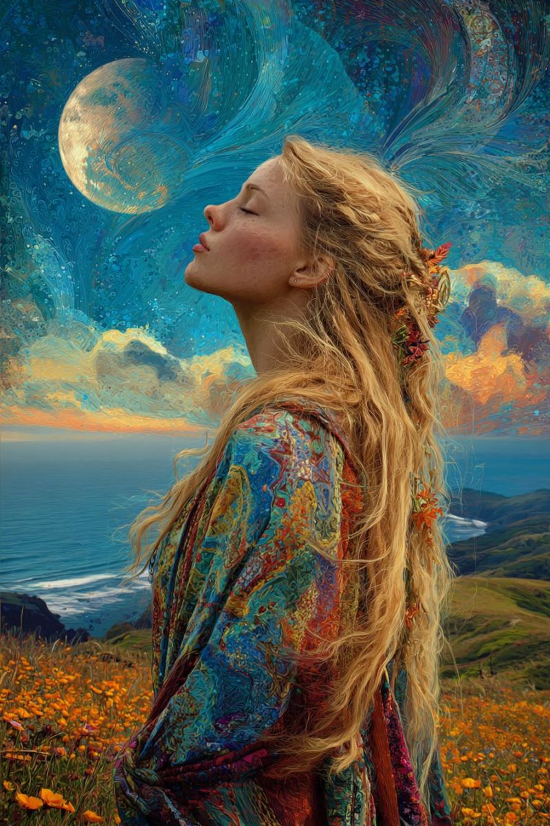 Femme fantaisie imagination reve inspiration beaute nature ocean lune nuages fleurs expression emotion Une femme aux cheveux blonds longs et ondulés se tient dans un champ de fleurs orange, les yeux fermés et la tête inclinée vers le haut. Elle porte une robe colorée et fluide ornée de motifs complexes. Le ciel au-dessus est un mélange de teintes bleues et orange, avec une grande lune lumineuse et des nuages tourbillonnants. L'océan s'étend en contrebas, avec une falaise lointaine et une touche de coucher de soleil. La scène globale est vibrante et onirique, capturant un moment de contemplation sereine.