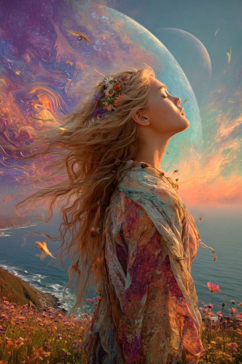 Woman fantasy painting flowers dress flower sky sea ocean sunset evening dream imagination inspiration beauty nature A woman with long, flowing blonde hair stands in a field of vibrant flowers, her eyes closed and her head tilted upward. She wears a colorful, flowing dress adorned with floral patterns. Behind her, a serene ocean stretches to the horizon, with a large, glowing planet in the sky, surrounded by a swirling, colorful nebula. The sky above is a mix of blues, purples, and oranges, creating a dreamy, ethereal atmosphere.