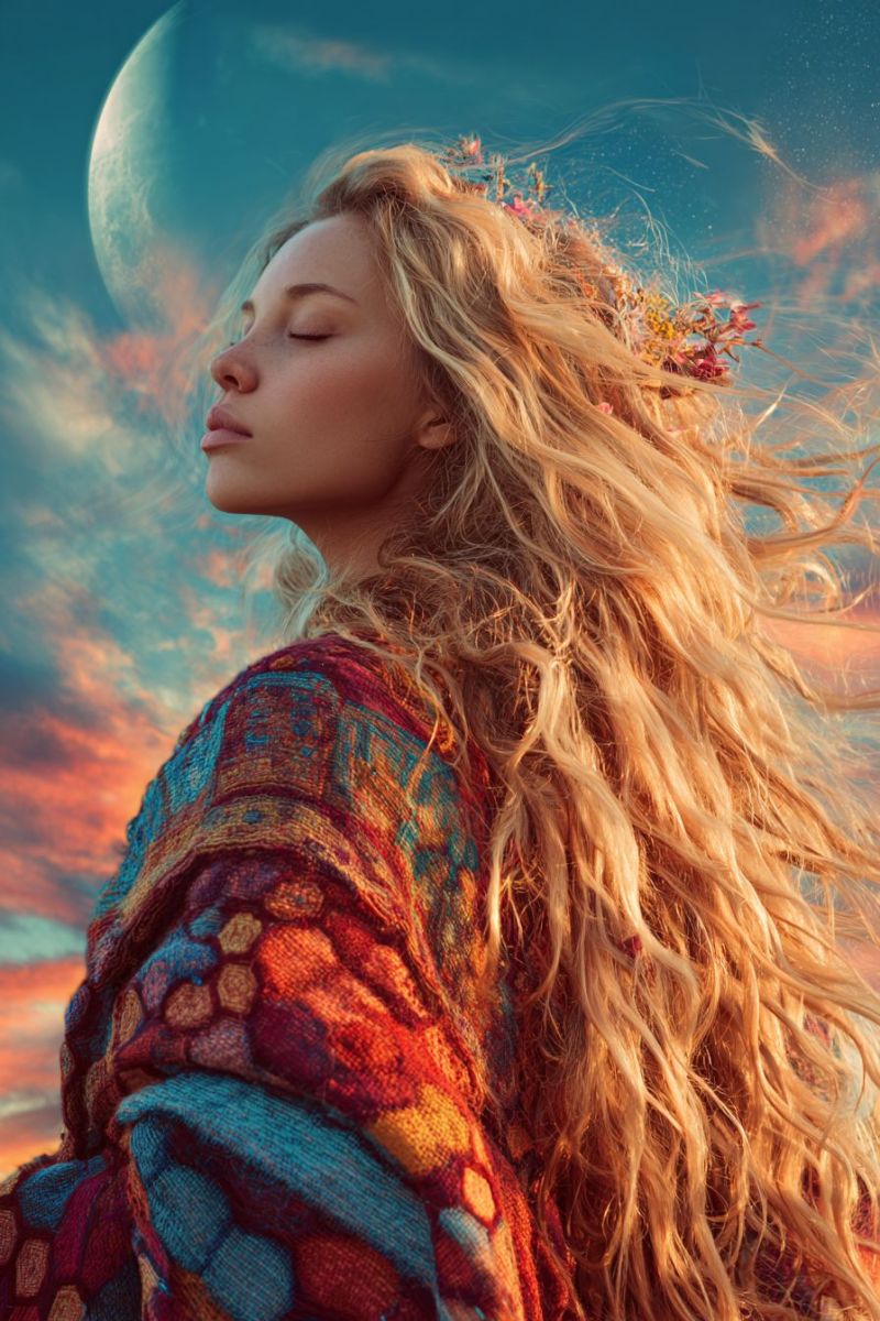 Woman hairstyle texture length A woman with long, wavy blonde hair is standing in front of a vibrant sunset sky. She is wearing a colorful, patterned shawl draped over her shoulders. Her hair is adorned with small flowers and leaves, adding a natural and ethereal touch. She is looking upward, her eyes closed, as if in deep thought or meditation. The sky behind her is a mix of orange, pink, and blue hues, with a large, glowing moon in the upper left corner. The overall scene conveys a sense of tranquility and connection with nature.