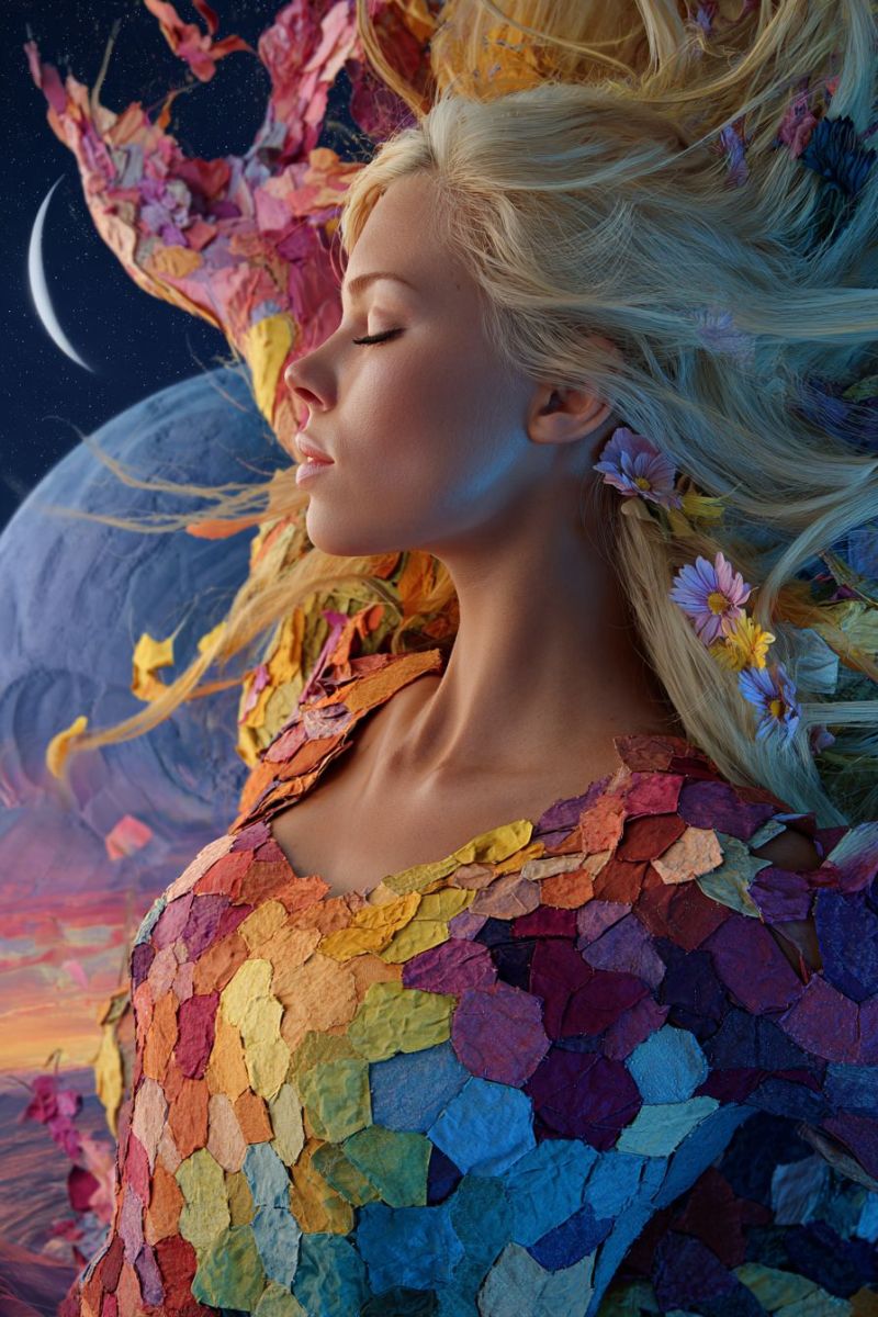 Femme robe fleurs nuit ciel lune planete espace fantaisie beaute reveur elegant inspiration meditation nature paix Une femme aux longs cheveux blonds ondulés est allongée, les yeux fermés et la tête inclinée sur le côté. Elle porte une robe faite de feuilles de papier colorées et texturées, lui donnant une apparence éthérée. La robe est ornée de petites fleurs, ajoutant une touche de nature à son look. Derrière elle, un croissant de lune et une planète sont visibles contre un fond de ciel de coucher de soleil, mélangeant des éléments de fantaisie et de nature. La scène est vibrante et imaginative, avec une qualité onirique et irréelle.