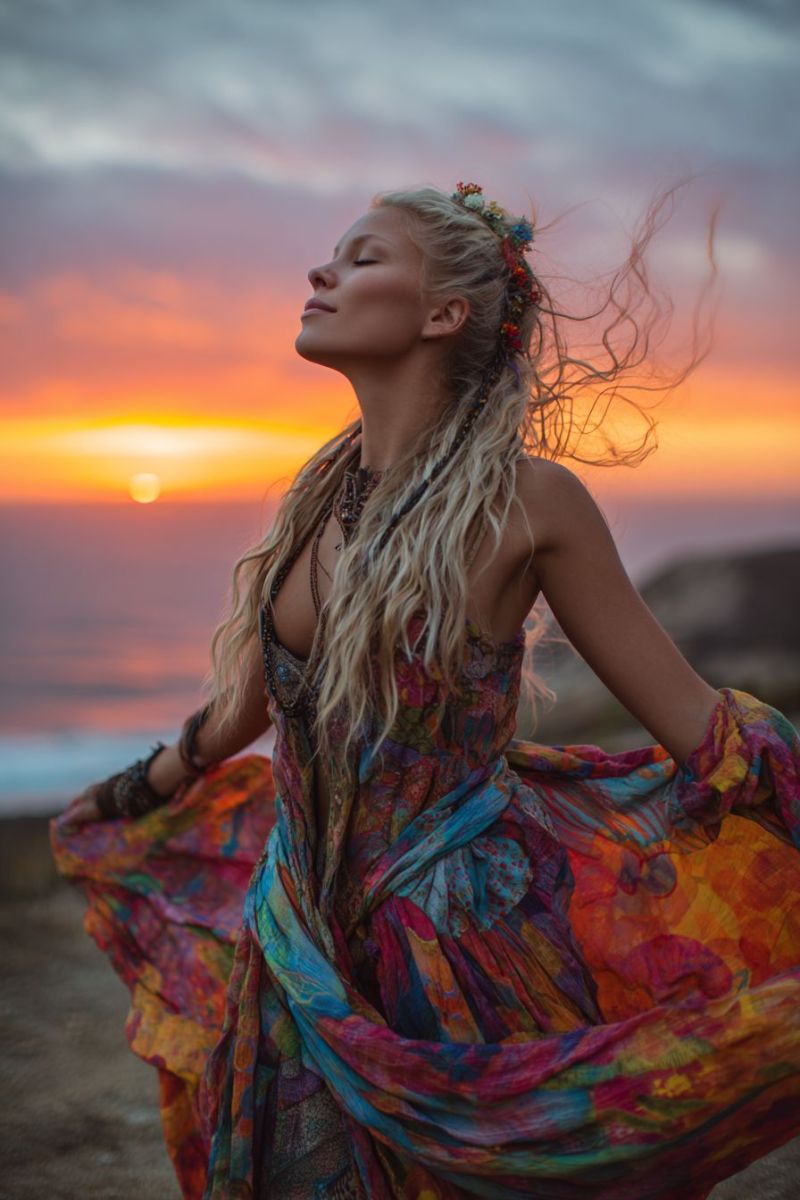 Woman dress sunset beach sky flowers jewelry necklace earrings bracelet hairstyle fashion beauty outdoors nature A woman with long, wavy blonde hair stands on a beach at sunset. She wears a colorful, flowing dress adorned with intricate patterns and a floral headband. Her arms are outstretched, and her dress billows in the wind. She gazes upward, seemingly lost in thought, with the setting sun casting a warm, golden glow behind her. The sky is a mix of orange, pink, and purple hues, and the ocean is calm and serene.