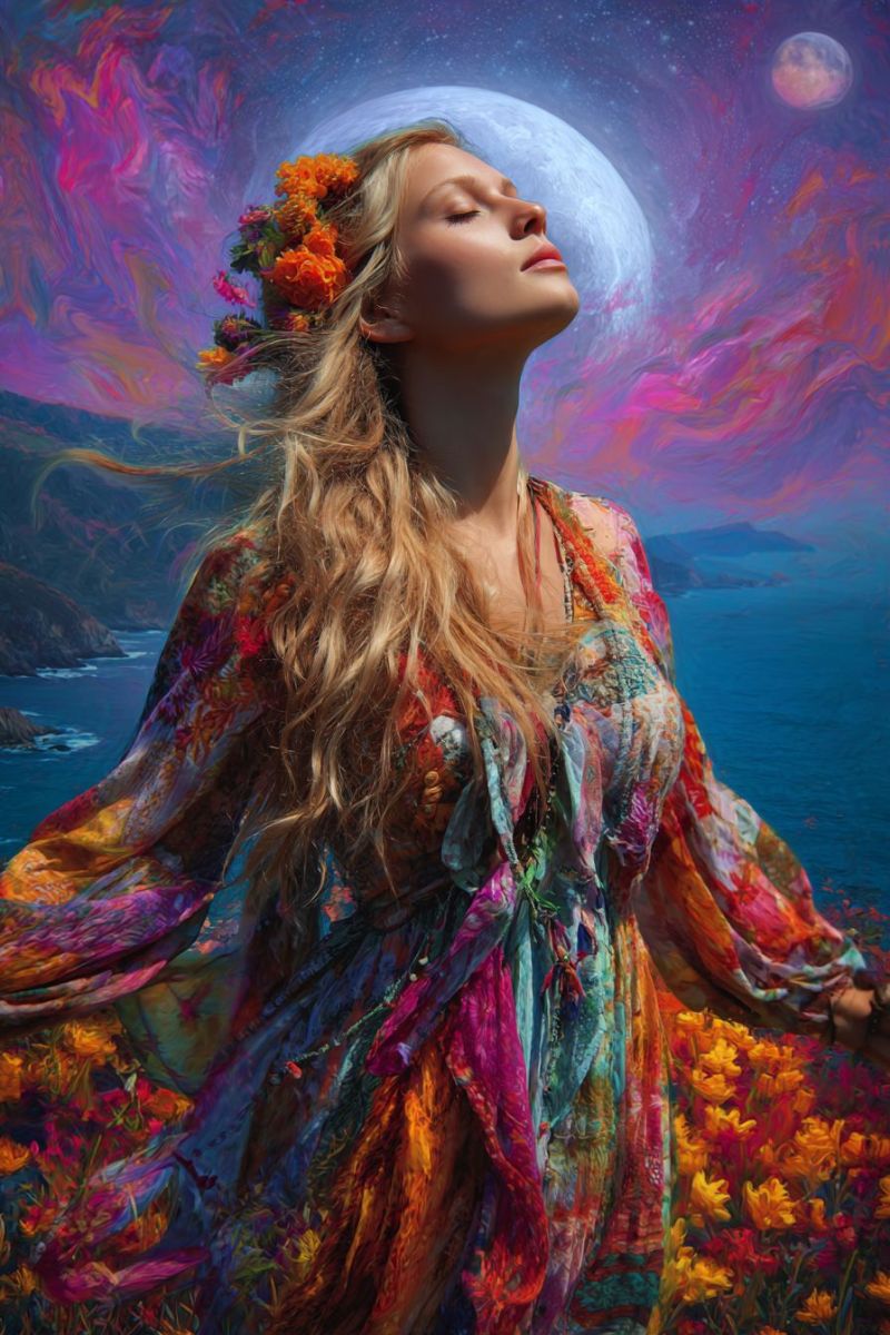Femme lune ocean robe ciel nuit reve fantaisie meditation inspiration beaute paix serein fleur couronne Une femme aux longs cheveux blonds se tient dans un champ de fleurs vibrantes, les yeux fermés et la tête inclinée vers le haut. Elle porte une robe fluide aux multiples couleurs ornée de motifs complexes et une couronne de fleurs orange sur la tête. L'arrière-plan présente un paysage surréaliste avec une grande lune lumineuse et une plus petite lune rosée, sur fond de couleurs tourbillonnantes et d'un océan lointain. Le ciel est un mélange de bleus, de violets et de roses, créant une atmosphère onirique.