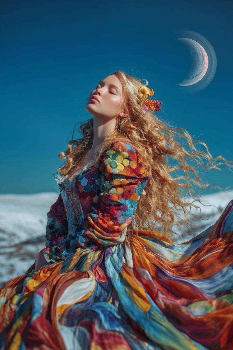 Femme robe beaute elegante magnifique blonde fleurs bandeau lune ciel nuit Une femme aux longs cheveux blonds ondulés est assise sur une montagne enneigée, les yeux fermés et la tête inclinée vers le haut. Elle porte une robe multicolore vibrante avec un motif géométrique, ornée de fleurs dans ses cheveux. Le ciel derrière elle est d'un bleu profond, avec un croissant de lune partiellement visible, ajoutant une touche mystique à la scène. Le fond présente un paysage enneigé, renforçant l'atmosphère sereine et magique.