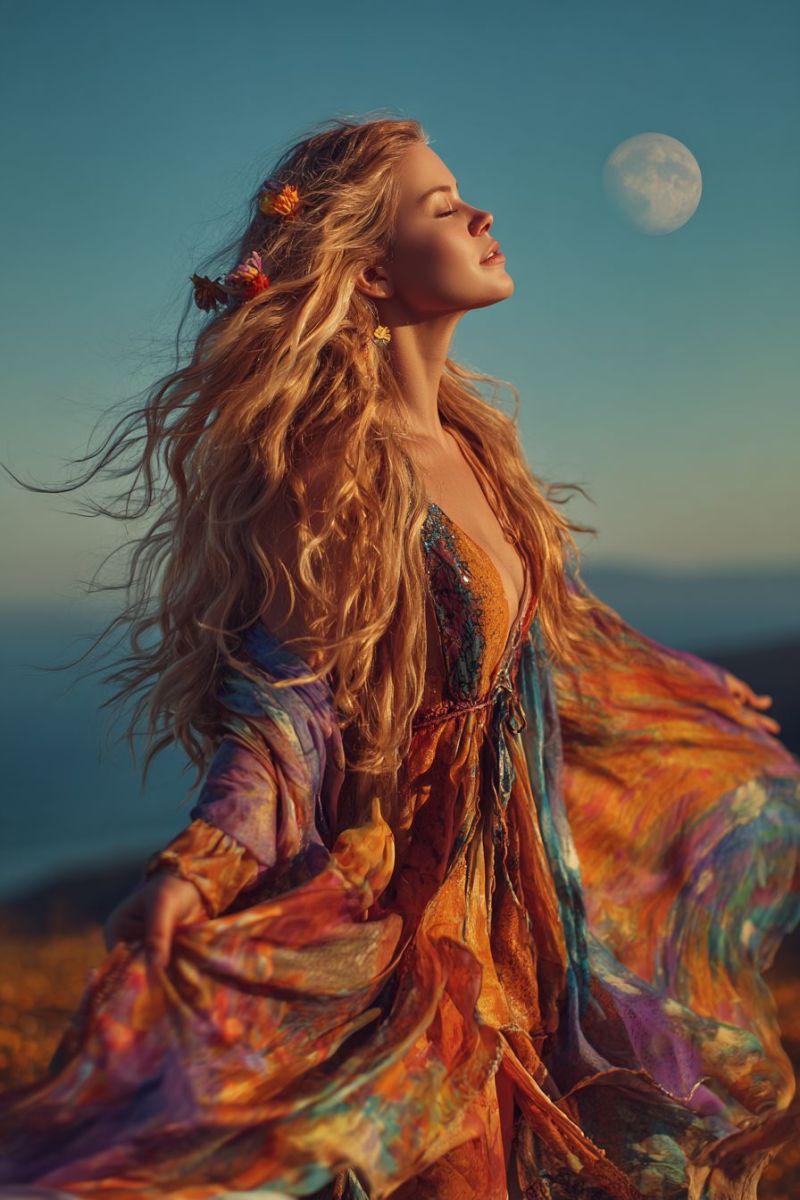 Femme robe lune ciel fleurs coiffure beaute soiree nuit fantaisie reve inspiration elegance Une femme aux longs cheveux blonds ondulés se tient dans un champ ouvert, ses cheveux ornés de fleurs colorées. Elle porte une robe fluide aux multiples couleurs qui flotte au vent, avec des nuances d'orange, de violet et de bleu. Ses yeux sont fermés, et elle semble contempler la lune, partiellement visible dans le ciel. L'arrière-plan montre un ciel bleu clair et un horizon lointain, créant une atmosphère sereine et mystique.