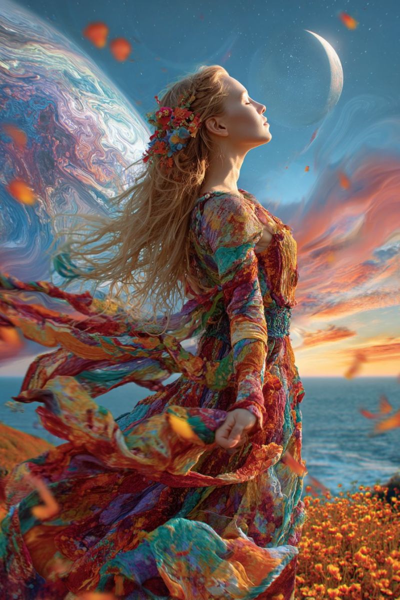 Femme robe fleurs ciel lune nuit etoiles planete univers fantaisie coloree reveuse magique Une femme aux longs cheveux blonds ondulés se tient dans un champ de fleurs orange vibrantes, sa robe est un kaléidoscope de couleurs incluant du rouge, du jaune, du vert et du bleu. Elle porte une couronne de fleurs et regarde vers le haut, les yeux fermés, comme en profonde réflexion ou méditation. Le ciel au-dessus est un mélange de teintes bleues et orange, avec un croissant de lune et une planète lointaine visible. L'arrière-plan présente un océan serein et un ciel qui passe du bleu à l'orange, créant une atmosphère rêveuse et éthérée.