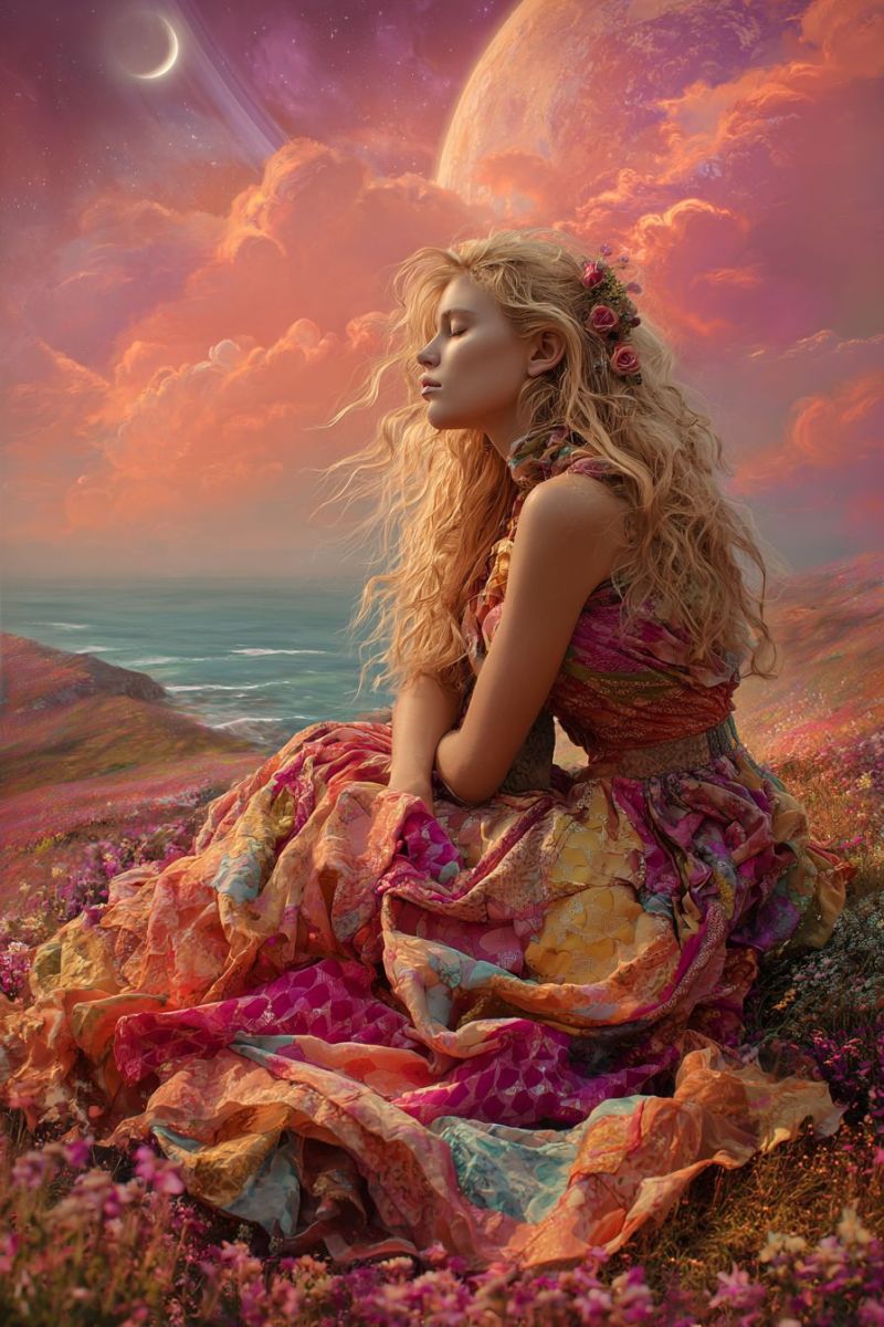 Woman fantasy dress flowers flower crown girl A woman with long blonde hair is sitting on a grassy field, wearing a colorful dress adorned with flowers. She has a serene expression, with her eyes closed, and is surrounded by a field of pink flowers. In the background, there is a vast ocean under a sky filled with vibrant colors, including a large moon and a crescent moon. The sky is painted with shades of pink, purple, and orange, creating a dreamy and magical atmosphere.