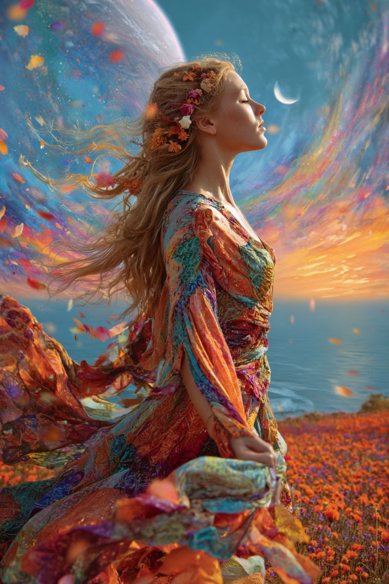 Femme robe fleurs champ ciel lune coucher soleil ocean fantaisie coloree onirique etheree nature Une femme aux longs cheveux blonds ondulant se tient dans un champ de fleurs vibrantes orange et violettes. Elle porte une robe colorée et fluide ornée de fleurs dans ses cheveux. Ses yeux sont fermés et elle semble regarder vers le haut, peut-être le ciel. L'arrière-plan présente un ciel bleu serein avec un croissant de lune et une grande planète lumineuse. La scène est baignée d'une lumière chaude et dorée, créant une atmosphère magique et éthérée.