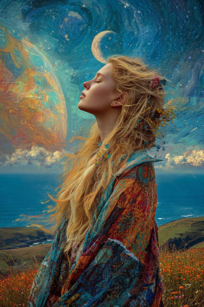 Femme fantaisie cosmique espace univers galaxie planete lune nuages ocean plage fleurs bijoux Une femme aux longs cheveux blonds se tient dans un champ de fleurs, les yeux fermés et la tête inclinée vers le haut. Elle porte une robe colorée et à motifs ornée de perles et de fleurs. Derrière elle, le ciel est un mélange vibrant de bleus, de jaunes et d'oranges, avec un croissant de lune et une planète visible. L'océan s'étend en contrebas, avec une petite île au loin. La scène est à la fois sereine et irréelle, mêlant des éléments de la nature et de la fantaisie.
