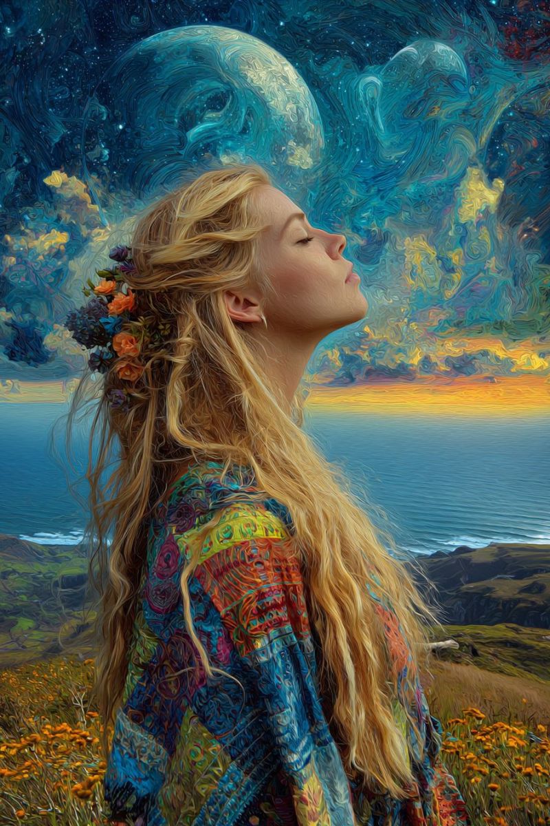 Femme fantaisie imagination reve inspiration beaute nature ocean ciel nuages fleurs montagnes soiree Une femme aux longs cheveux blonds se tient dans un champ de fleurs orange, regardant vers le haut un ciel surréaliste. Ses cheveux sont ornés de fleurs colorées, et elle porte une robe aux motifs vibrants. Le ciel est un mélange de bleus profonds, de jaunes et de rouges, avec des nuages tourbillonnants et une grande planète qui brille. L'horizon révèle un océan serein et des montagnes lointaines, créant une atmosphère onirique.