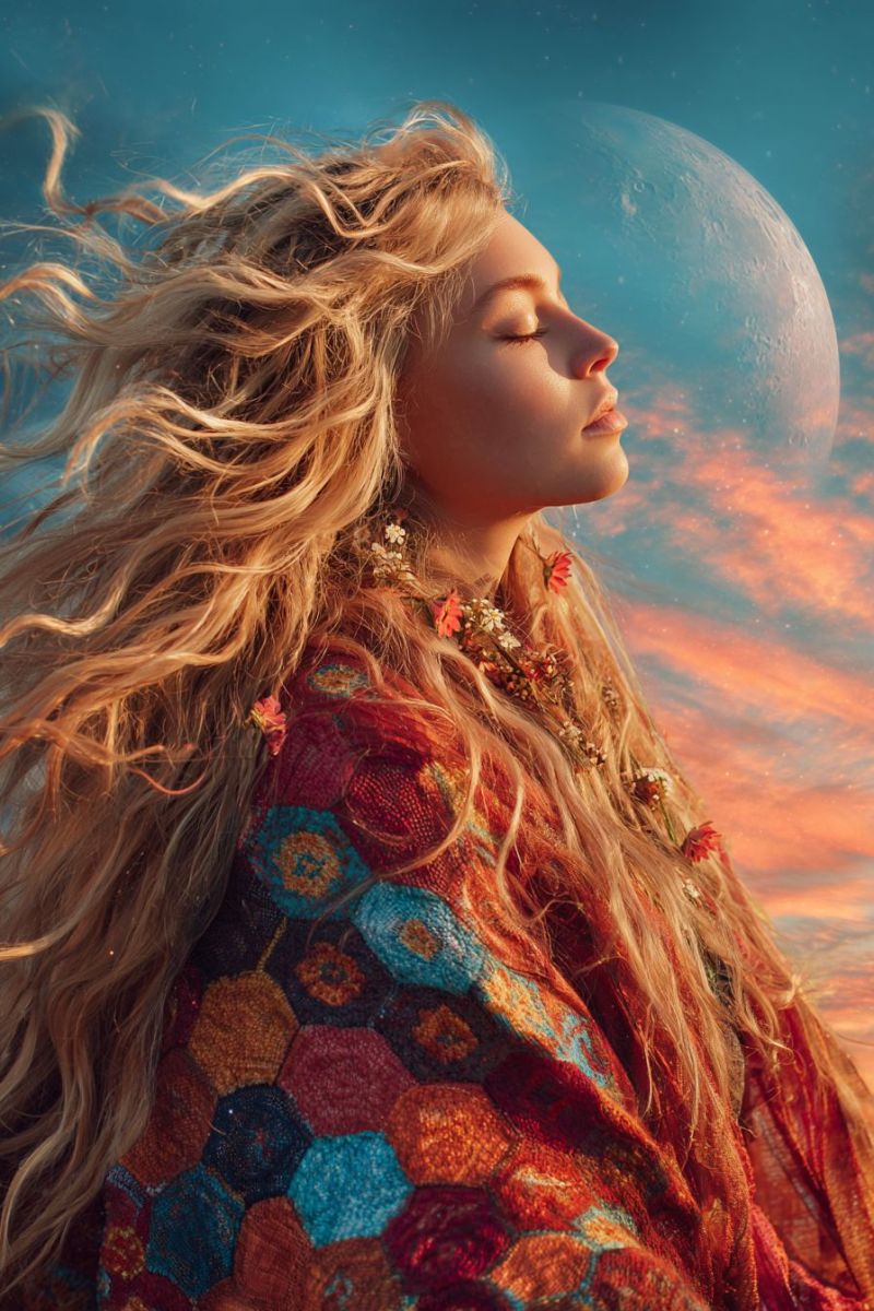 Woman moon sky night dream fantasy beauty fashion clothing jewelry accessories necklace flowers floral pattern A woman with long, wavy blonde hair is gazing upward, her eyes closed, as if in deep thought or meditation. She wears a colorful, patterned shawl draped over her shoulders, adorned with various small flowers. The background features a large, glowing moon against a back of blue and orange hues, suggesting a sunset or twilight sky. The overall scene conveys a sense of tranquility and connection with nature.