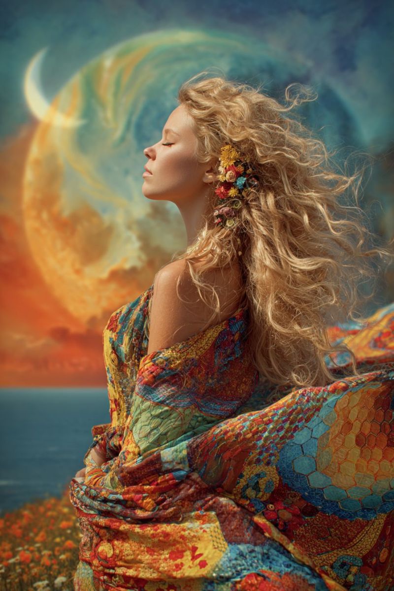 Femme robe fleurs coiffure blond beaute elegante magnifique Une femme aux longs cheveux blonds ondulés se tient dans un champ de fleurs, les yeux fermés et la tête inclinée vers le haut. Elle porte une robe fluide aux multiples couleurs ornée de motifs complexes et d'accessoires floraux dans les cheveux. Derrière elle, un ciel de coucher ou de lever de soleil vibrant présente une grande lune lumineuse en forme de croissant. Le fond comprend un mélange de teintes orange, jaune et bleu, créant une atmosphère onirique et éthérée.