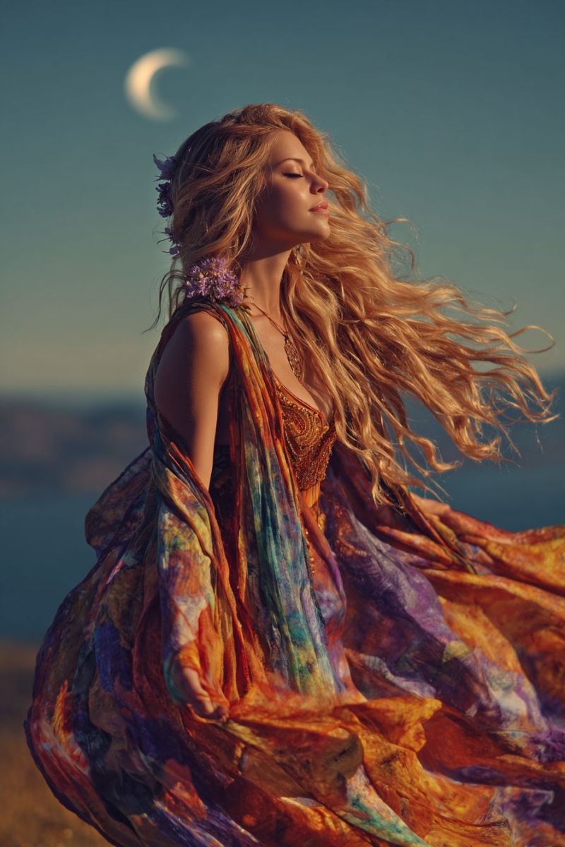 Femme robe beaute elegante magnifique air soiree nuit lune vent Une femme aux longs cheveux blonds ondulés se tient dans un champ ouvert sous un ciel bleu clair. Elle porte une robe fluide aux multiples couleurs avec des motifs complexes, ornée d'un collier et de fleurs dans ses cheveux. Ses yeux sont fermés et elle semble profiter du moment. En arrière-plan, un croissant de lune est visible contre le ciel, ajoutant une touche sereine et mystique à la scène.
